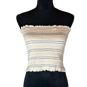 American Eagle Tube Top Women L Cream Striped Smocked Detachable Straps NWT